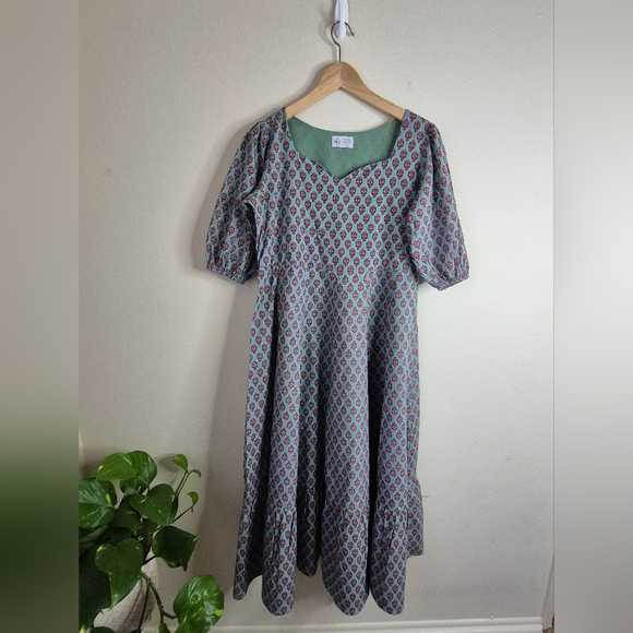 plush cotton Dresses & Skirts - Elegant Floral Midi Dress in Blue and Red